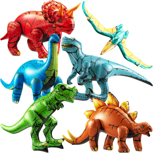 6-Pcs Inflatable Dinosaur Birthday Party Decorations - Large Blow-Up Dino Toys for Kids (20-26”) Dinos for Boys or Girls - Self-Standing Vinyl Balloons for Jurassic Theme Party & Pool Floats